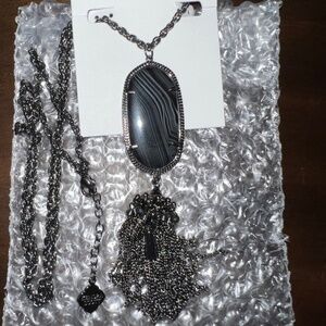 Kendra Scott Rayne Pendant Necklace Gunmetal BBA Black Banded Agate RARE NEW!
